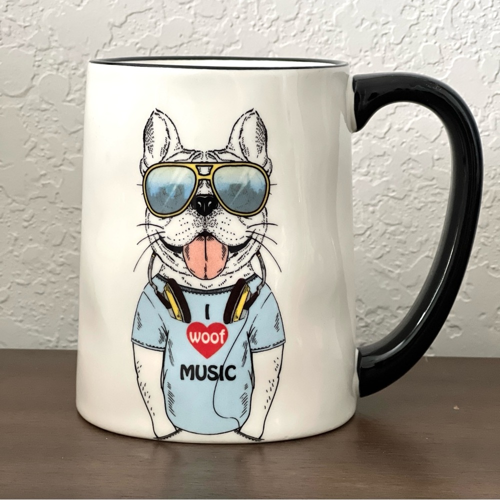 Signature Stoneware French Bulldog Frenchie Coffee Tea Mug I Woof Music